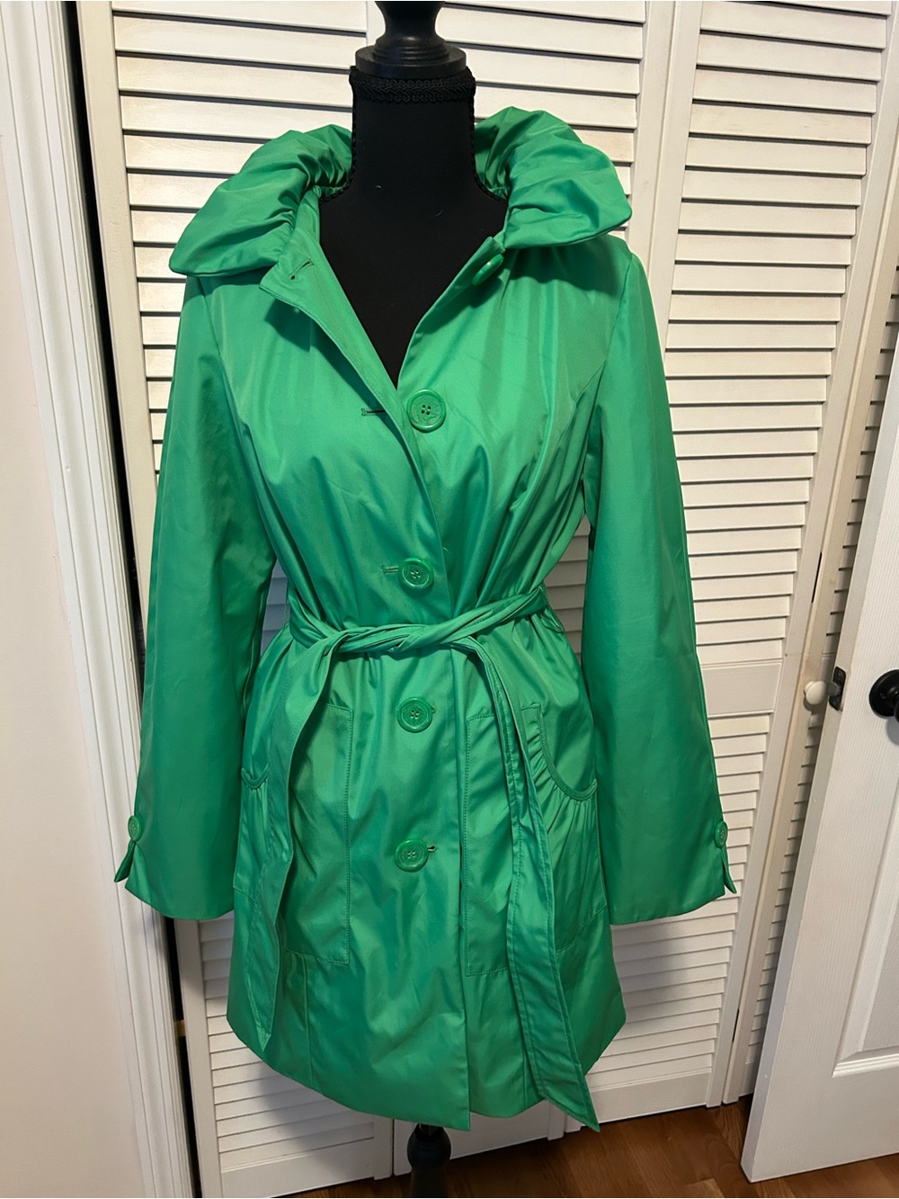 dennis basso Bright Green Hooded Trench Coat with Belt